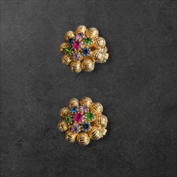 Weiss Gold Tone Clip-On Earrings With Multicolor Rhinestones Retro Flower Design - Picture 2 of 8